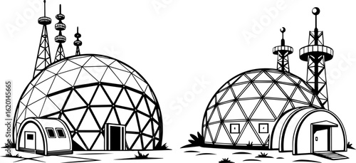 Futuristic Geodesic Domes with Antennas Black and White Set
