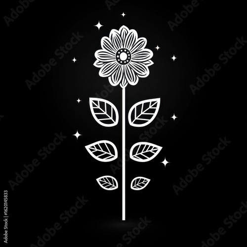 A blooming flower with leaves and stars against a black backdrop.