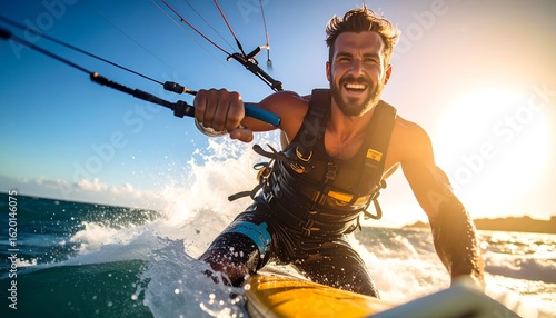 Man kitesurfing on waves with sunshine.