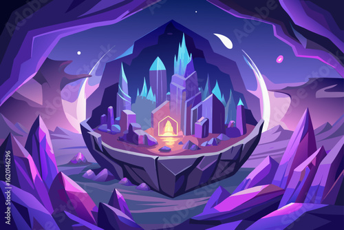 Fantasy Scene of a City Built Inside a Giant Geode