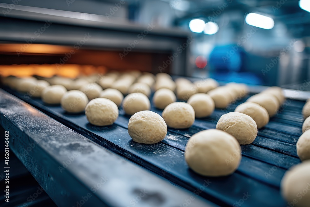 Naklejka premium Raw bread dough balls on conveyor belt getting ready to bake in the oven. Use this for food industry, bakery, or commercial baking concepts.