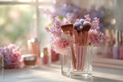 Makeup brushes in a glass jar with pink blossoms, soft, dreamy lighting. Use it for beauty blogs, feminine brands, or spa related contents.