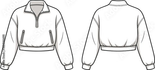 Women’s cropped pullover sweatshirt with zip collar, long sleeves, elastic cuffs and hem, front zip pockets, casual cozy outerwear