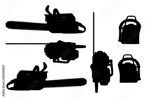 Black chainsaw silhouettes stand out sharply against a clean white background. The clipart-style design features detailed, realistic outlines of chainsaws.