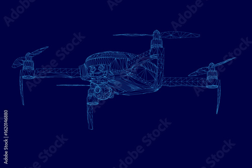 A blue drone with a sleek aerodynamic design hovers against a dark blue background. The quadcopter features four rotors, a long tail, and a front-mounted camera for aerial photography.