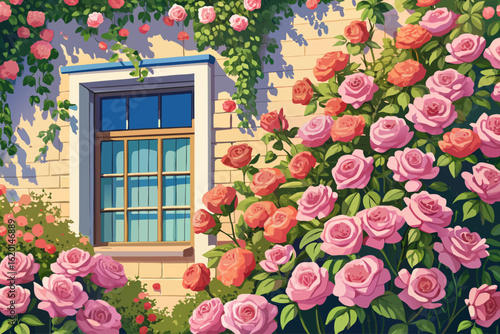 vector of Background of blooming roses. Flowers by the wall of the house above the window. Lots of flowers in spring...
