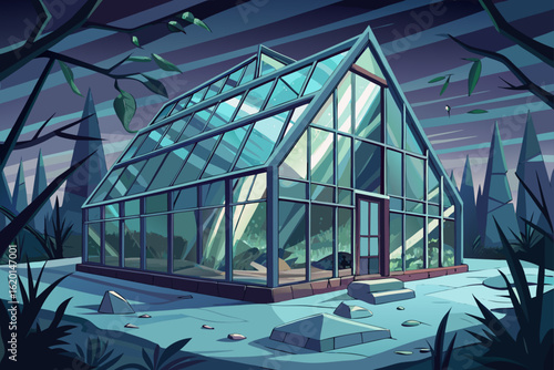 Spooky Abandoned Greenhouse with Shattered Glass Panes