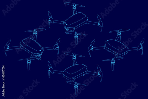 A line of white drones flies against a bright blue sky, each slightly overlapping the one below. The clean contour of each drone stands out sharply against the solid background.