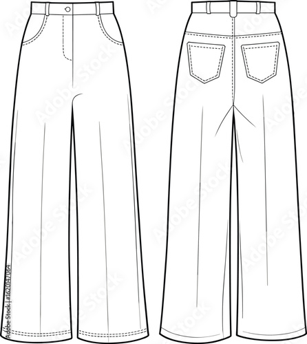 Wide leg pants flat sketch, women's casual trousers vector drawing, front and back views, fashion apparel design, CAD template