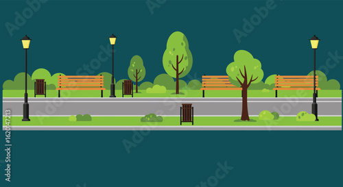 Vector Illustration of a Park with Benches Trees and a Lamppost