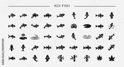 Koi Fish & Asian Culture Icons - Solid Black Nature Symbols