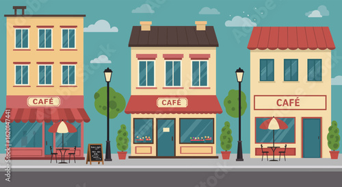 Charming Cartoon Cafe Building with Street Scene and Blue Sky Background