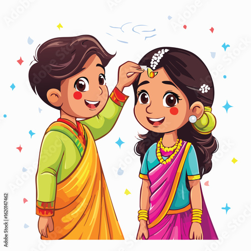 Cartoon illustration of a smiling boy applying a traditional Indian tilak to a girl's forehead on a colorful background.