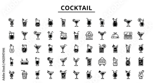 Cocktail Drink Icons - Solid Black Bar & Beverage Symbols