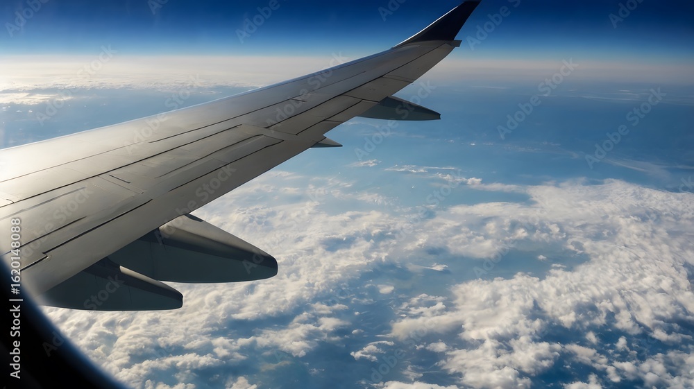 Fototapeta premium View from airplane window showing clouds below and wing