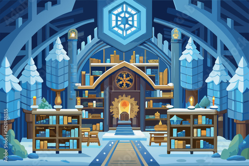 Vector Illustration of a Massive Ancient Library in a Cave