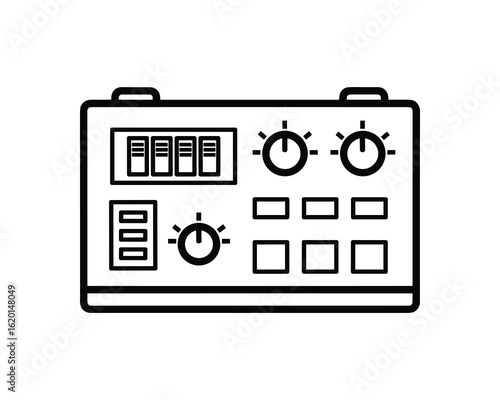 Control panel with display and knobs, equipment, line art, vector illustration. Isolated design element.