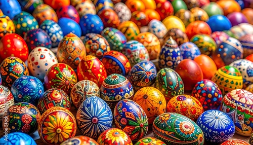 Beautifully decorated easter eggs, showcasing vibrant colors and intricate designs