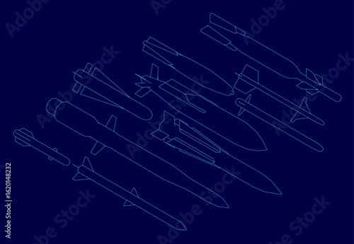 A set of warhead projectiles in clean white contour lines against a solid blue background. The missiles are arranged in a dynamic formation with precise outlines.