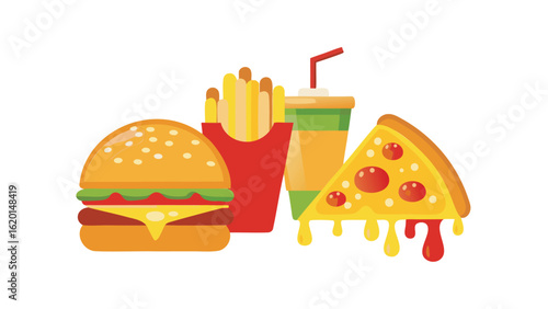 Illustration of a burger, fries, soda, and a slice of pizza arranged on a white background surface