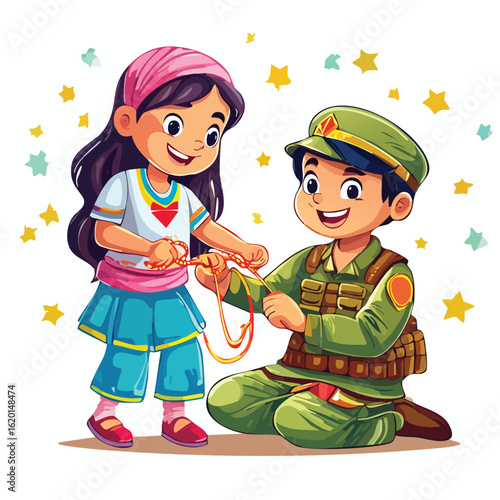Cartoon illustration of a young girl tying a rakhi on a soldier's wrist with a joyful and celebratory mood.