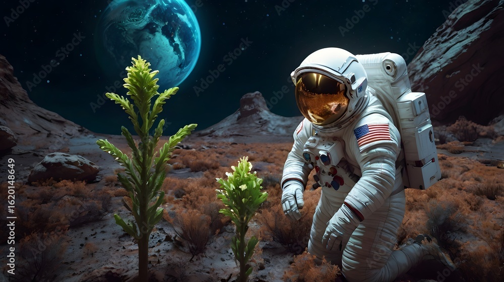 Fototapeta premium Astronaut exploring a strange alien planet with glowing plants 3
