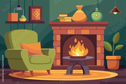 Cozy Vector Illustration of a Fireplace with a Crackling Fire