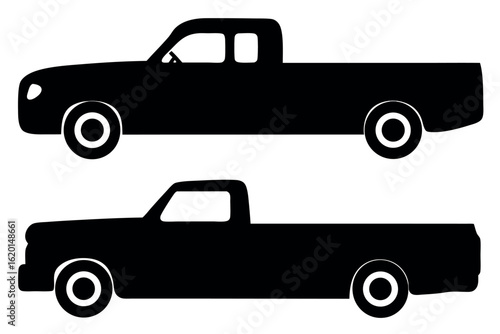 Two black pickup truck silhouettes are displayed on a transparent background vector
