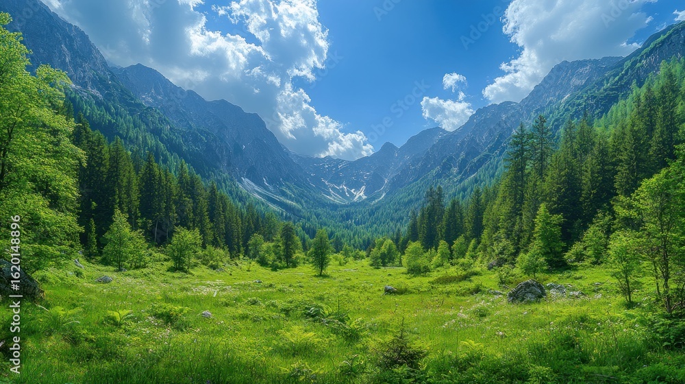 Obraz premium Lush valley nestled between towering mountains under a vibrant sky