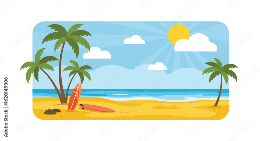Obraz premium Tropical beach scene with palm trees surfboards and a sunny sky