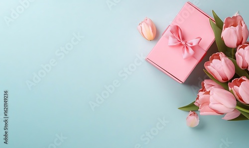 Delicate Pink Tulips Bouquet with Elegant Pink Gift Box Tied with Ribbon on Soft Pink Background for Romantic and Celebration Themes