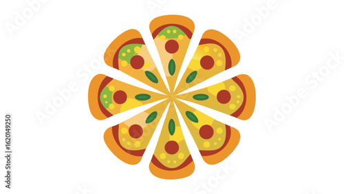 Circular arrangement of pizza slices with pepperoni and basil on a white background in a flat style