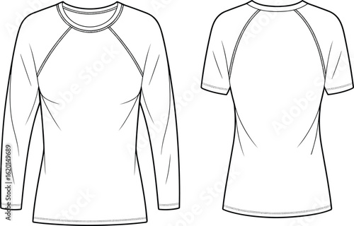 Men's raglan sleeve t-shirt flat sketch, front and back view, long and short sleeve template, fashion technical vector drawing