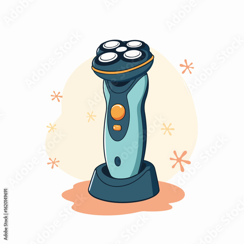 Electric shaver with ergonomic design and sleek features on a soft background. Electric shaver boasts rounded blades for precision grooming and comfortable grip.
