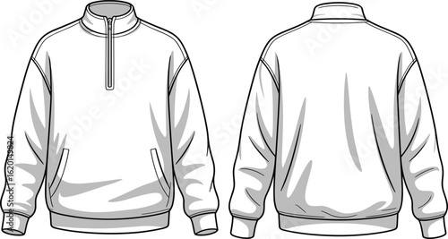 Quarter zip pullover sweatshirt flat sketch, front and back CAD template for apparel design, fashion illustration, and tech pack