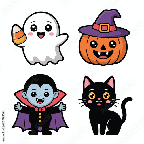 Cute Halloween vector illustration of Cute Halloween Characters: Ghost, Pumpkin, Vampire, Black Cat