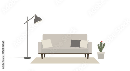 Minimalist Living Room Illustration with Sofa Lamp Rug and Cactus