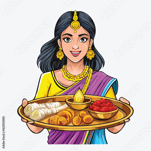 Cartoon illustration of an Indian woman holding a traditional puja thali with offerings against a clean white background.