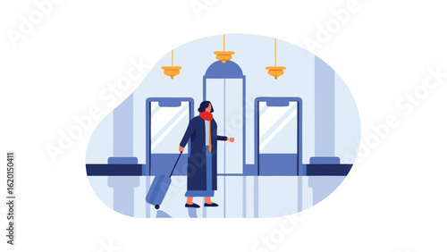 Illustration of a woman with suitcase walking in a hotel near elevators and lights overhead view in blue