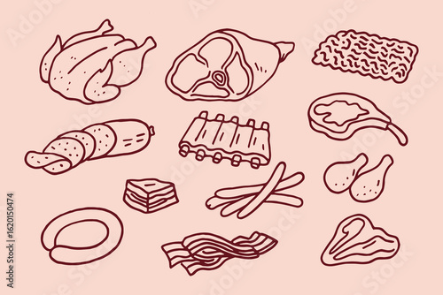 Meat Food Doodles Minimalist Sketch Vector Illustration