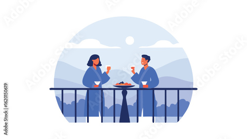 Couple in robes on a balcony enjoying drinks and snacks with a mountain view in the background scenery