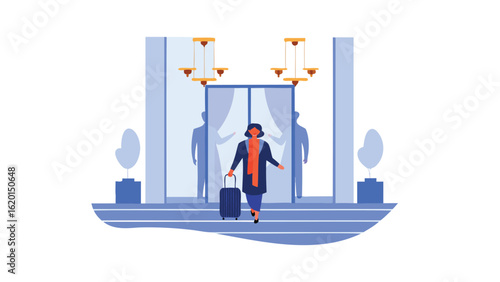 Woman with suitcase entering a hotel lobby with chandeliers and glass doors in a flat vector style
