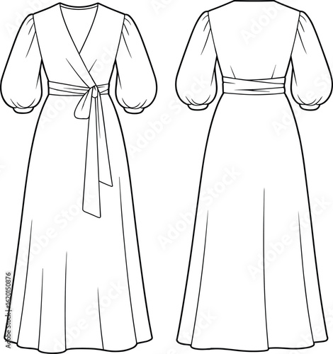 Wrap maxi dress technical flat sketch, puff sleeve design, tied waist detail, front and back view, vector fashion garment illustration