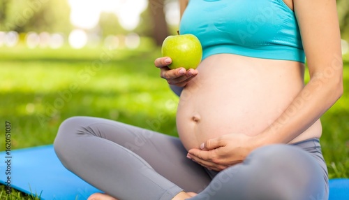 Pregnant woman with apple sitting cross-legged on yoga mat in park