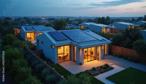 Modern eco-friendly homes with solar panels illuminate sustainable neighborhood at sunset. Contemporary architecture, sleek design, energy efficiency define residences. Luxurious living spaces offer