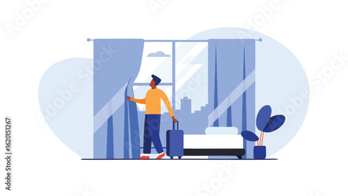Illustration of a man with luggage looking out the window in a hotel room with a city view