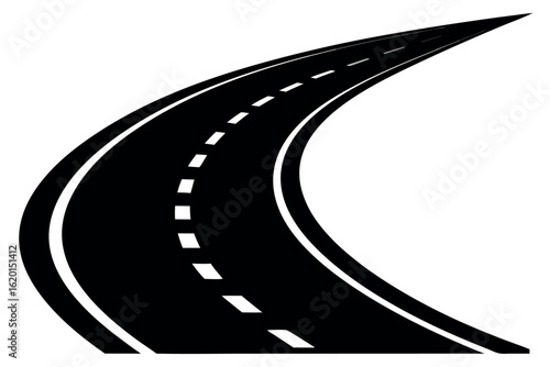 Black asphalt roadway with white dotted center lines curves up into the distance