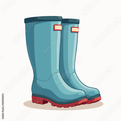 Stylish rain boots with vibrant blue color and red soles, showcasing practicality for wet weather. Rain boots feature a modern design and distinctive branding elements.