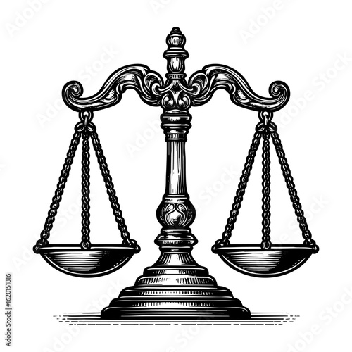 Scales of justice sketch engraving black and white outline. Scratch board imitation.  illustrated in vintage line art style on a white background.