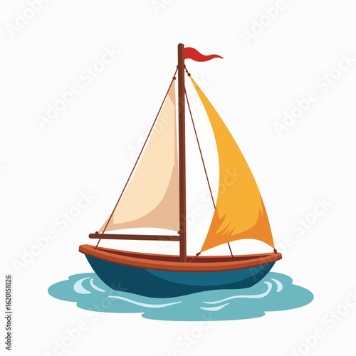Colorful sailboat sailing on calm water with orange and yellow sails, peaceful scene enhances maritime experience.